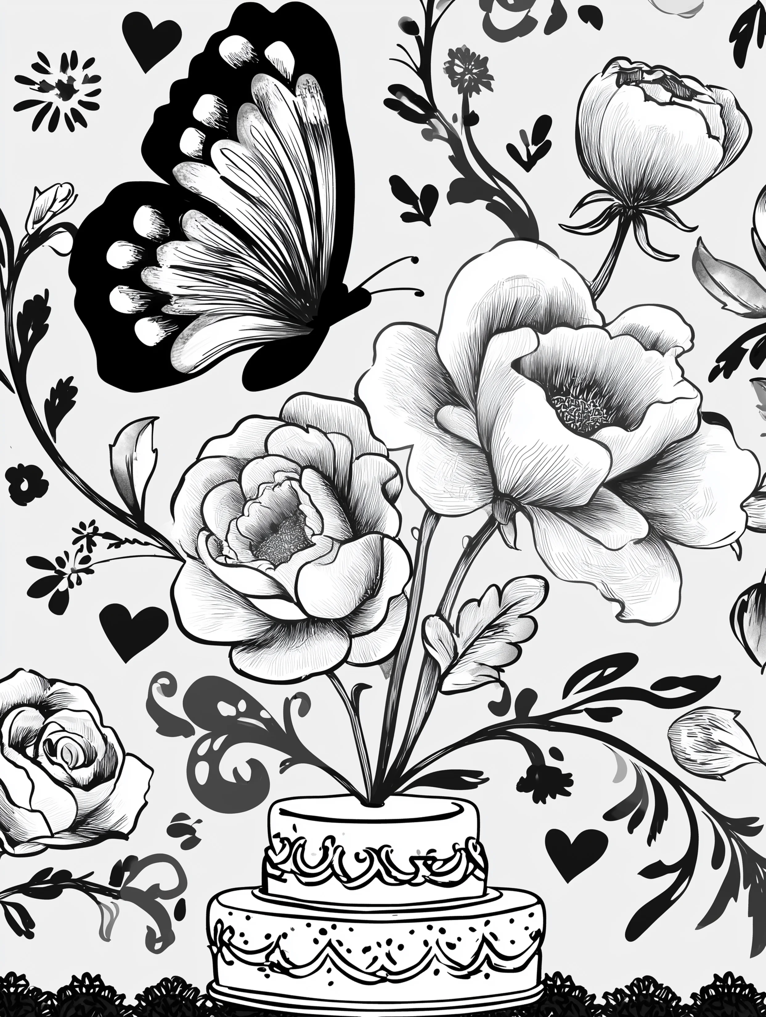 Free printable butterfly coloring page for adults featuring a flying butterfly with flowers and cake